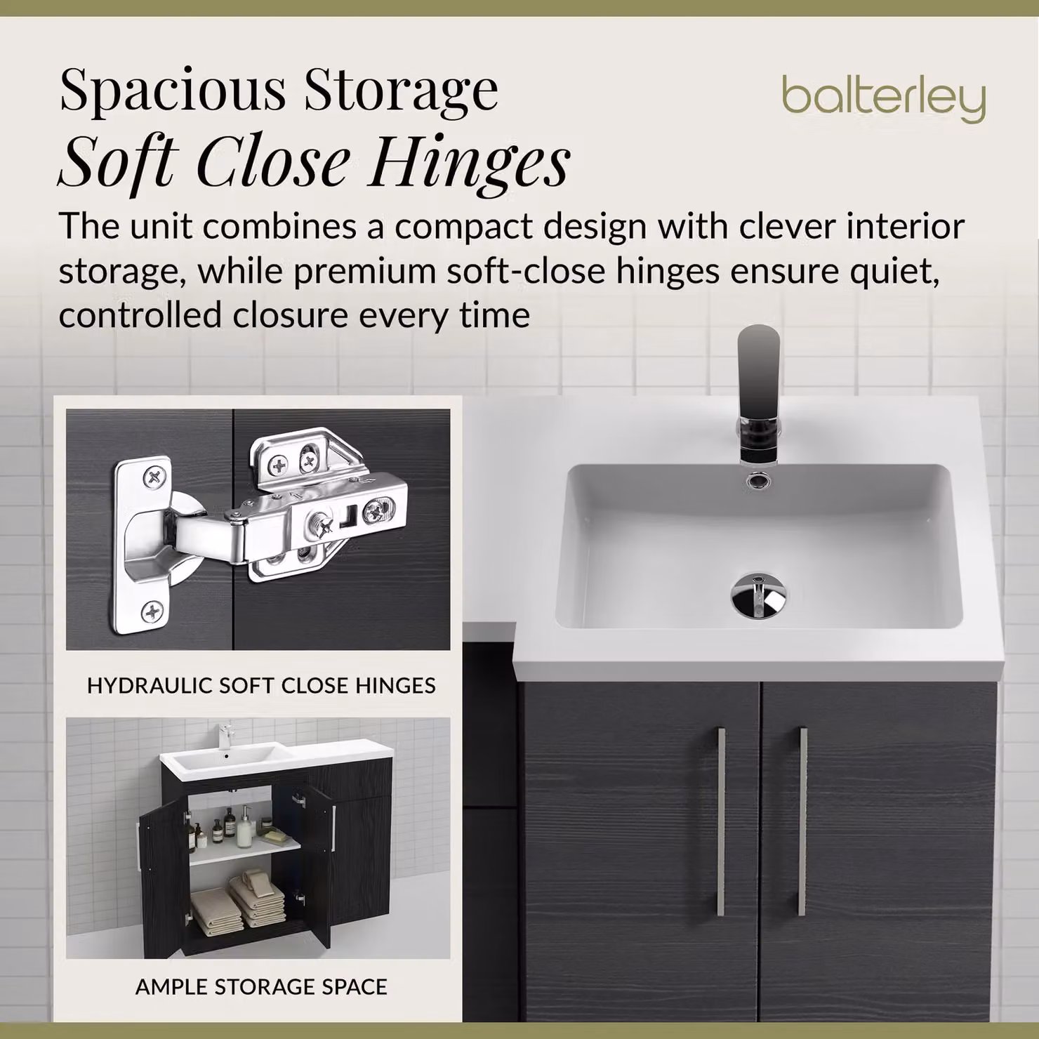 Balterley Charcoal Black Right Hand Bathroom Vanity Basin and WC Unit with Soft Close Doors, Width: 110 cm – 3