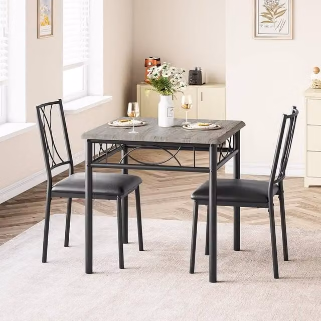 London Boutique 3-Piece Grey Rectangular Dining Table and 2 Chairs Set – 1