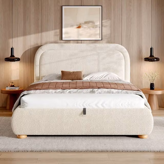 BTM Double Ottoman Storage Bed in Beige Boucle, W/D/H: 157 x 200 x 140 cm