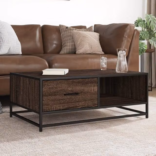 Berkfield Home Brown Oak Coffee Table with Metal Sled Base, W: 90 cm, D: 57 cm, H: 35 cm