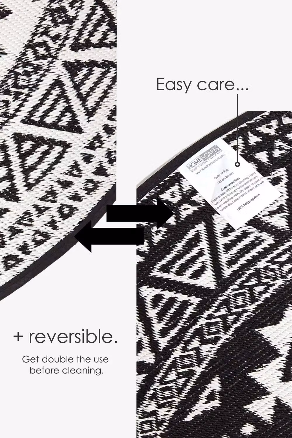 Homescapes Round Woven Outdoor Rug with Black and White Mosaic Motif, UV-Resistant and Reversible, Diameter: 180 cm – 6