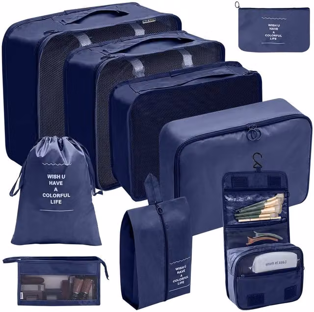 Leaper 9-Piece Mesh Fabric Cosmetic and Outdoor Luggage Storage Bag Set in Dark Blue