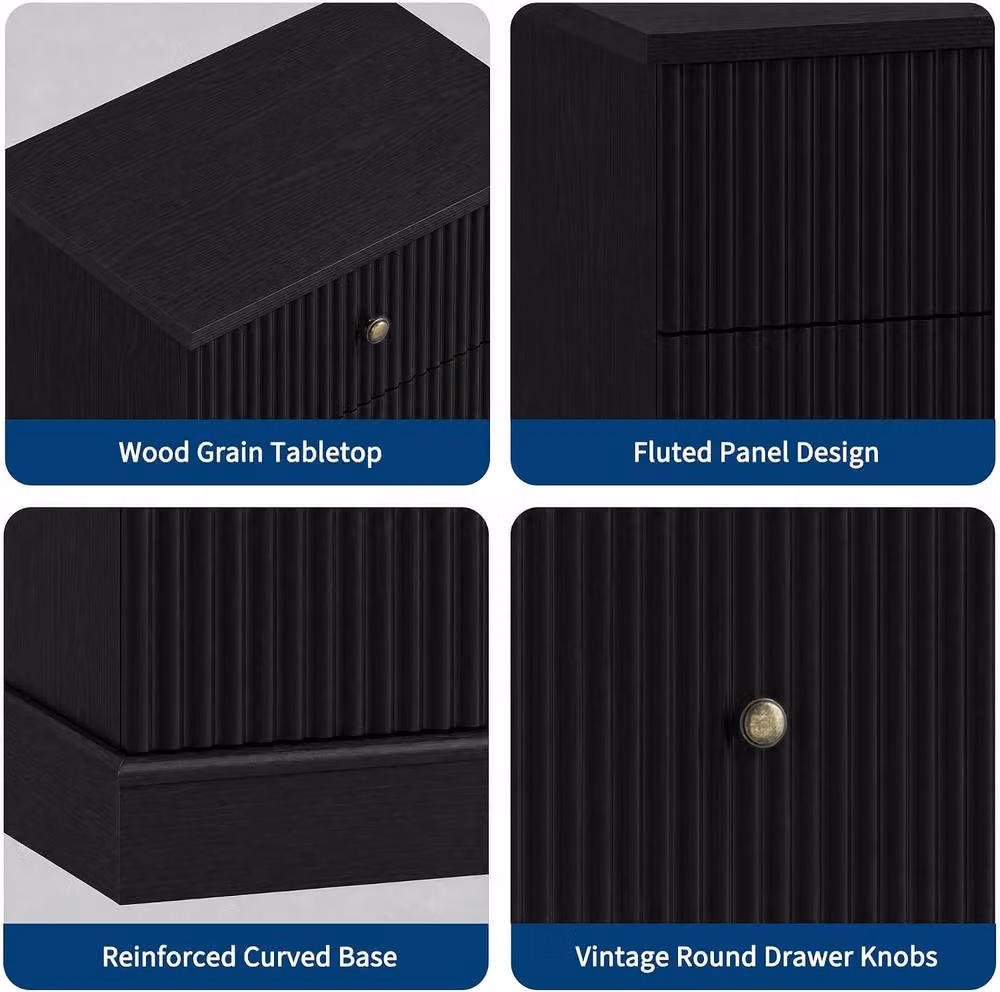 London Boutique Modern Fluted Bedside Cabinet in Black with 2 Drawers and Shelf – 4