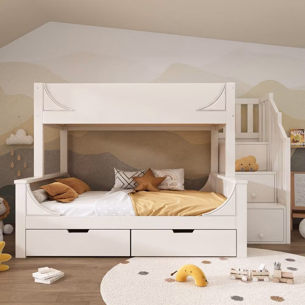 Merax Single Over Double Bunk Beds for Children with Drawers and Stairs, White – 4