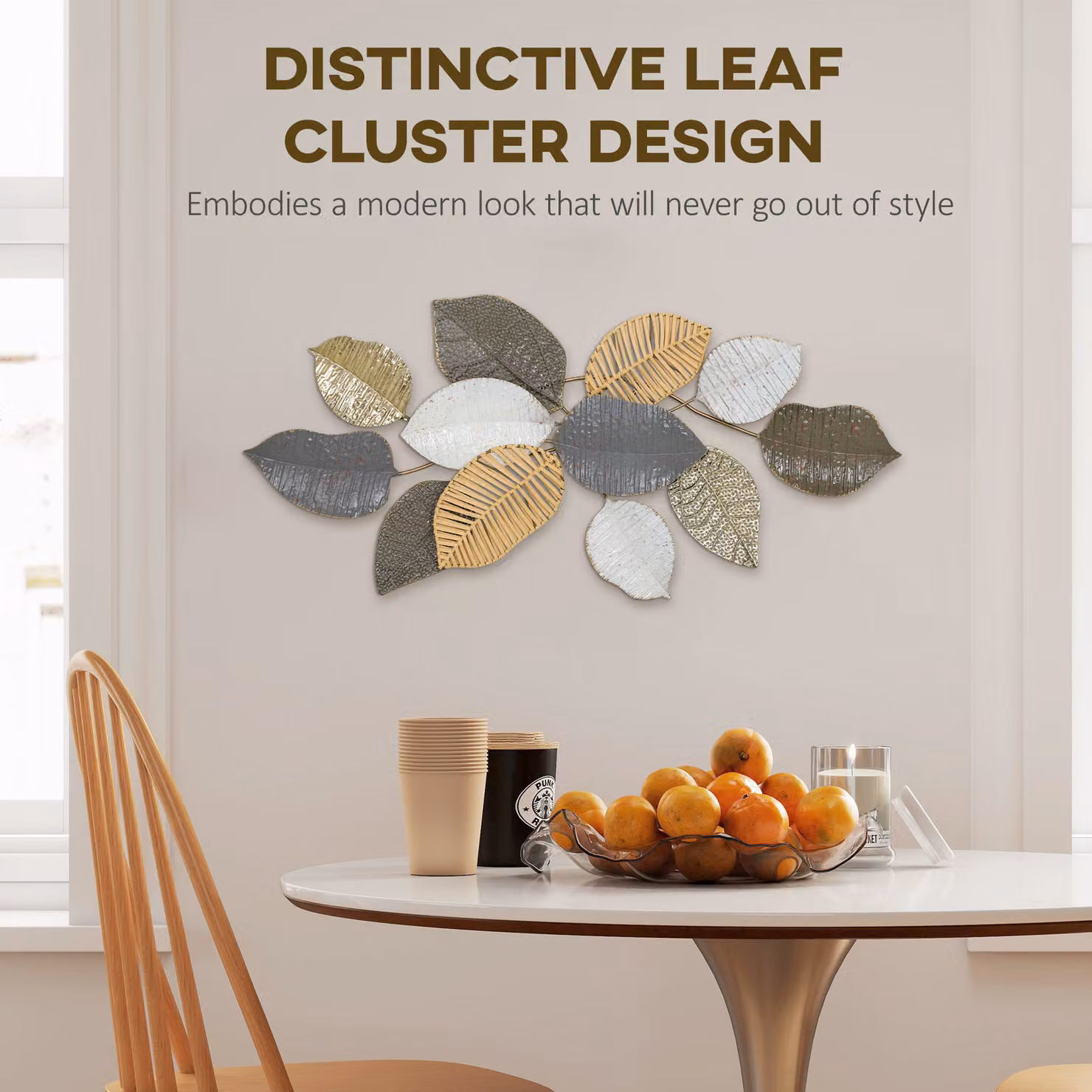 HOMCOM Modern Metal Floral Hanging Wall Decor with Botanical Leaf Design in Gold or Silver – 3