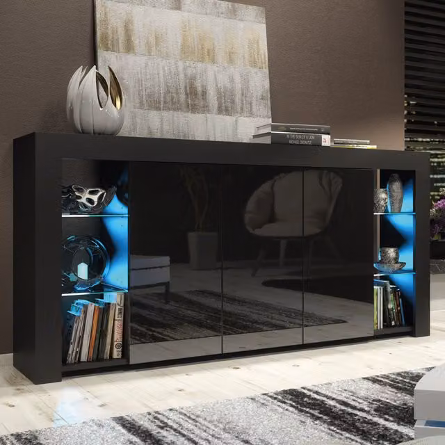 Creative Furniture Eden Sideboard in Black with Integrated Lighting, W: 164 cm, D: 35 cm, H: 83 cm