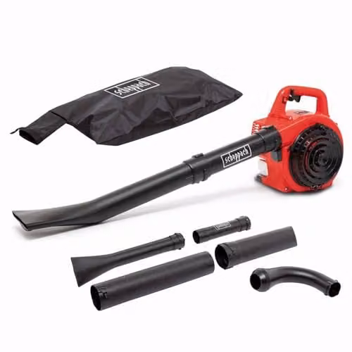 Scheppach LBH2600P Petrol Leaf Vacuum and Blower in Red and Black with 25.4 cc Engine, 260 km/h Air Speed and 50L Collection Bag – 1