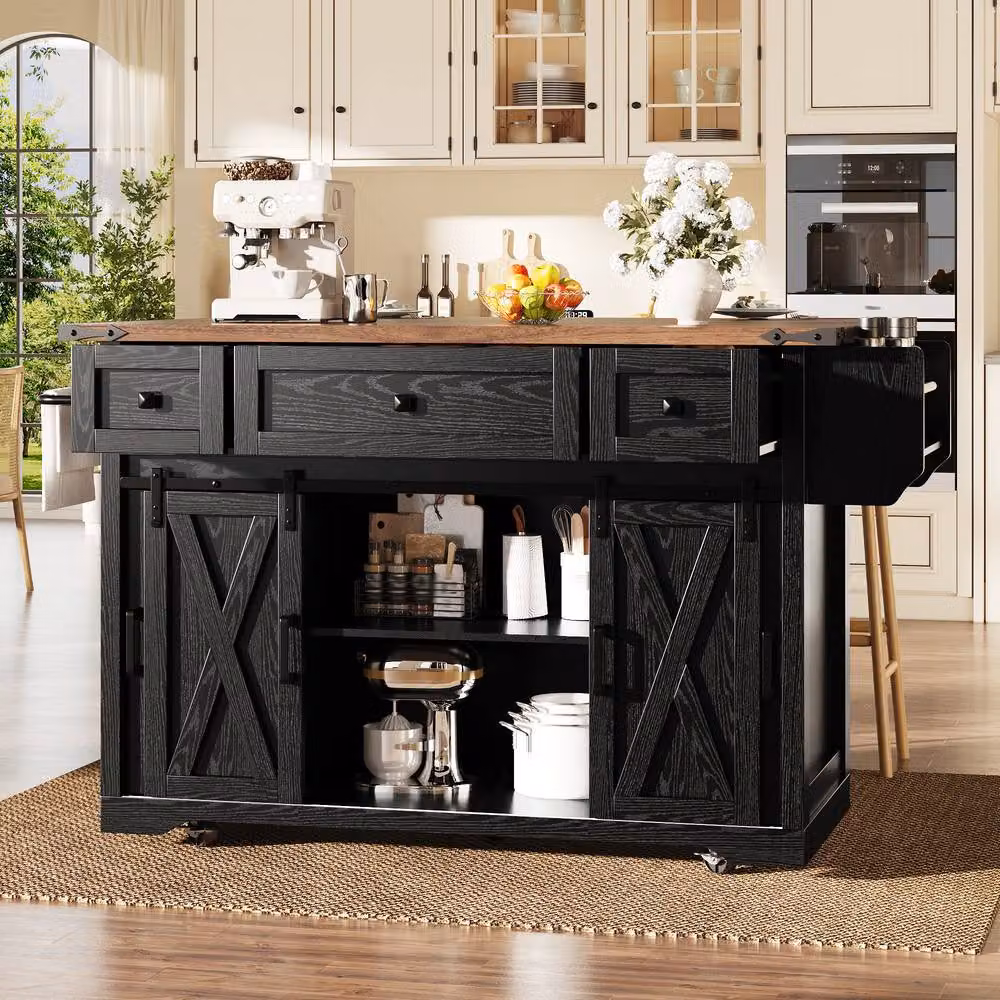Matteo Modern Kitchen Island Trolley in Black with Extendable Worktop and Power, Height: 91 cm – 3