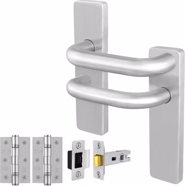 AFIT Satin Steel Return to Door Lever Backplate and Latch 64mm Hinge Kit in Silver, W/D/H: 150 x 150 x 150 mm – 1