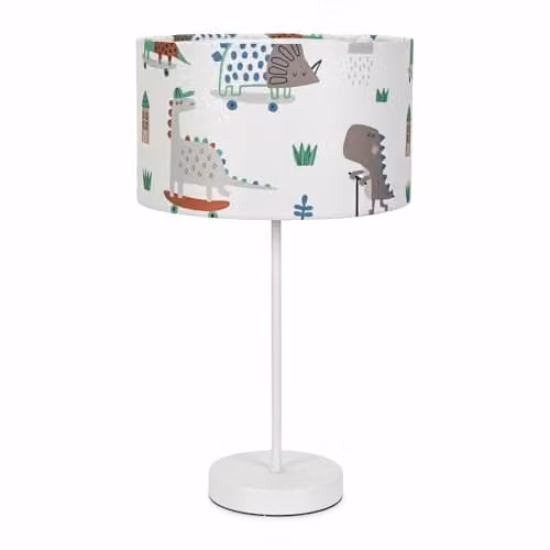 ValueLights White Metal Single Stem Table Lamp with Kids Cartoon Dino Drum Lampshade and LED Bulb