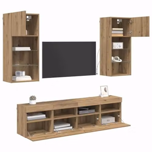 vidaXL Modern 5-Piece TV Wall Unit with Integrated LED Lighting in Artisan Oak Brown, W/D/H: 180 x 40.5 x 55.6 cm – 1