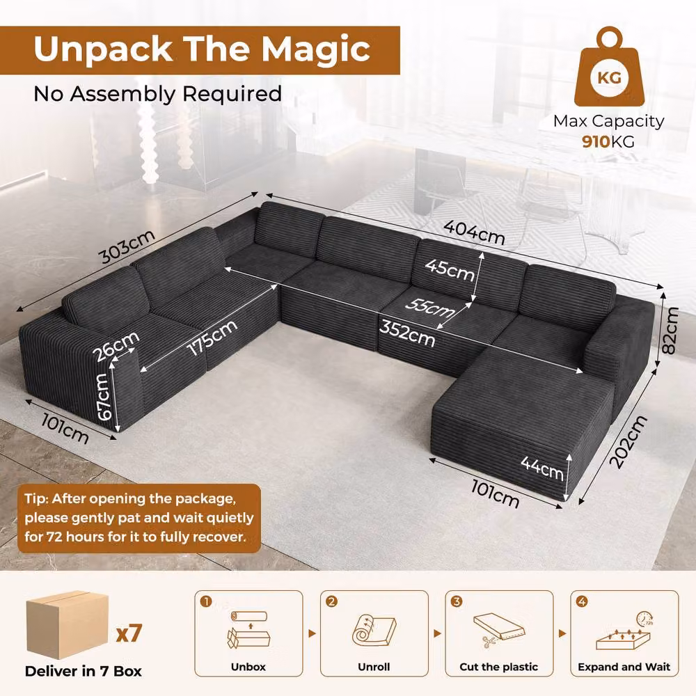 Dprodo Black Corduroy 6-Seater Modular L-Shape Corner Sofa with Matching Ottoman – 2