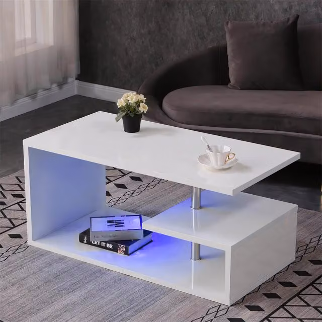 Comfy Living G-Shaped Abstract LED Coffee Table in White Glossy Finish