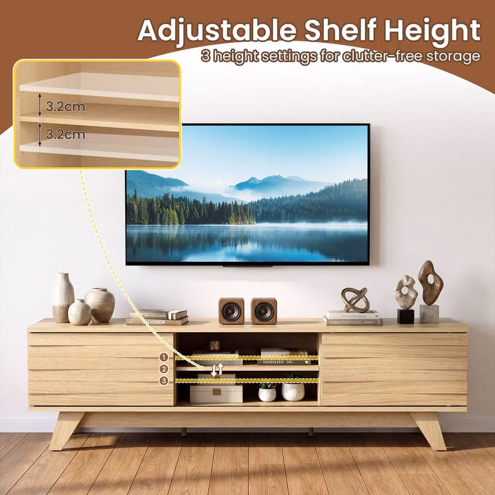 Gymax Mid-Century Wooden TV Stand with 2 Sliding Doors in Beige for TVs up to 55 inch – 4