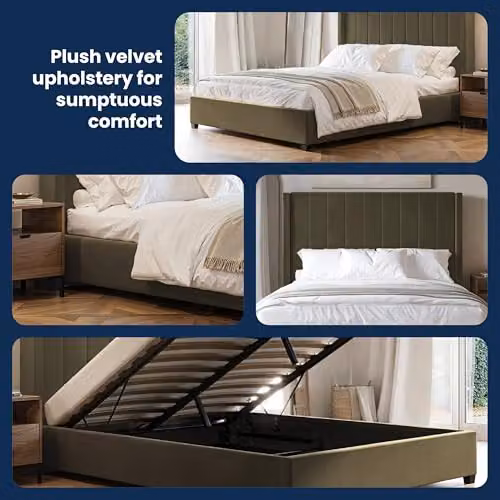 Flair Furnishings Tiggy Ottoman Bed with Winged Headboard, Khaki Green Velvet, W/D/H: 150 x 200 x 130 cm – 6