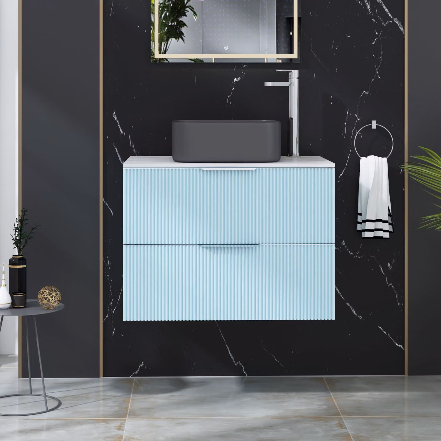 Royal Bathrooms Evora 700mm Powder Blue Fluted Wall Hung Countertop Vanity Unit with 2 Drawers and Art Square Basin