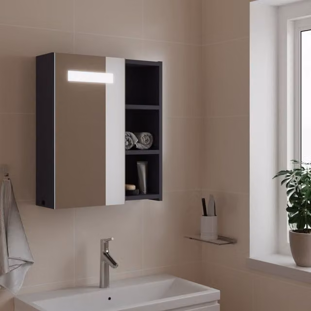 Berkfield Home Grey Glossy LED Bathroom Mirror Cabinet, W/D/H: 45 x 13 x 52 cm – 1