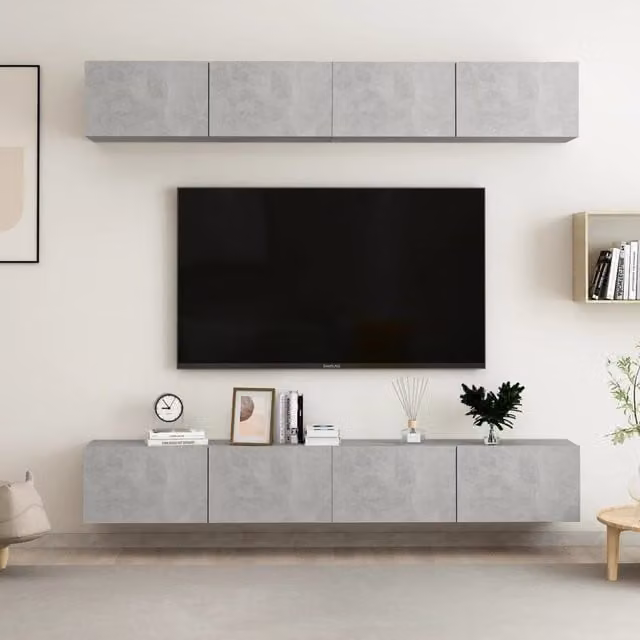 Berkfield Home Set of 4 Modern Wall Mounted TV Cabinets in Concrete Grey, MDF, W/D/H: 100 x 30 x 30 cm