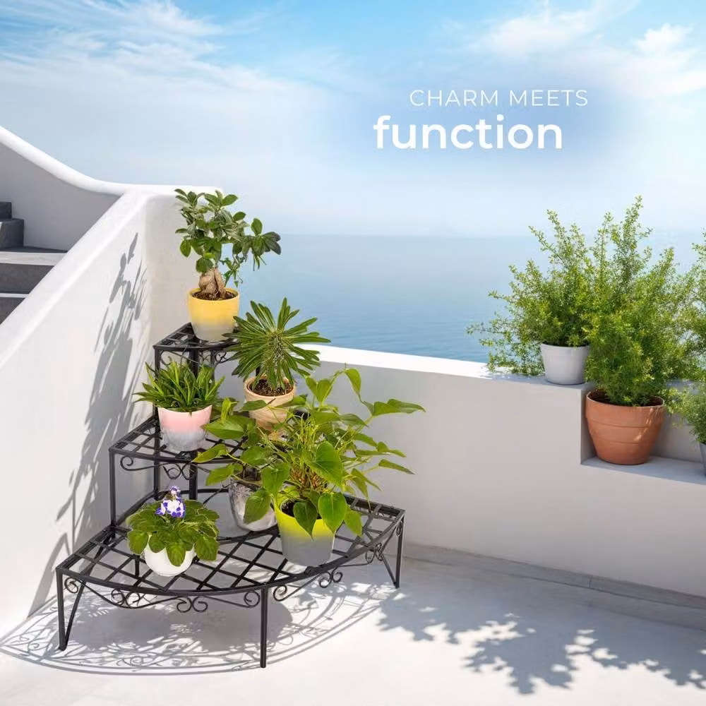 tectake Aileen 3-Tier Corner Plant Stand in Matt Black Metal with Fan-Shaped Design, W/D/H: 60.0 x 60.0 x 60.0 cm – 5