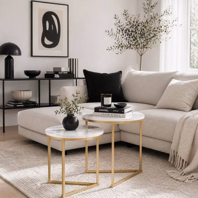 Wyld Haus Keroro Set of 2 Round Nesting Tables with White Marble Effect Tops and Gold Frames