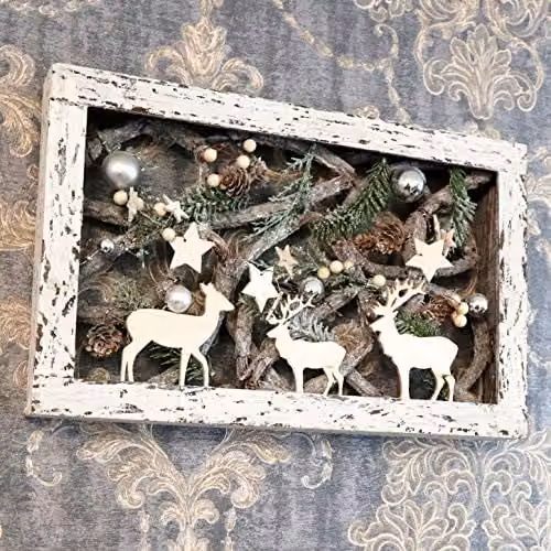 Shatchi Christmas Pre-Lit Rectangular Wooden Tabletop Centrepiece Decoration in White, Brown and Silver with Warm White LEDs – 3
