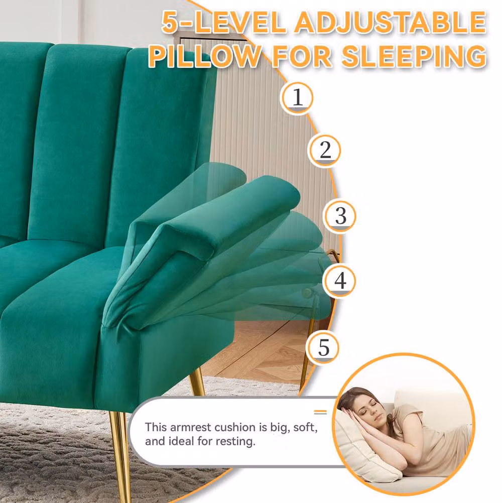 STILVORA 2-Seater Green Velvet Click Clack Sofa Bed with Adjustable Headrest, W/D/H: 197 x 94 x 75 cm – 4
