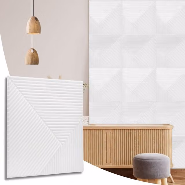 NOVECRAFTO Matte White PVC 3D Wall Panels with Geometric Chevron Design, W/D/H: 50 x 50 x 0.25 cm