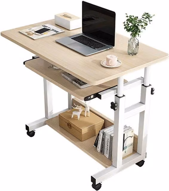 VOGREX Adjustable Height Mobile Computer Desk with Shelves and Keyboard Tray in Beige