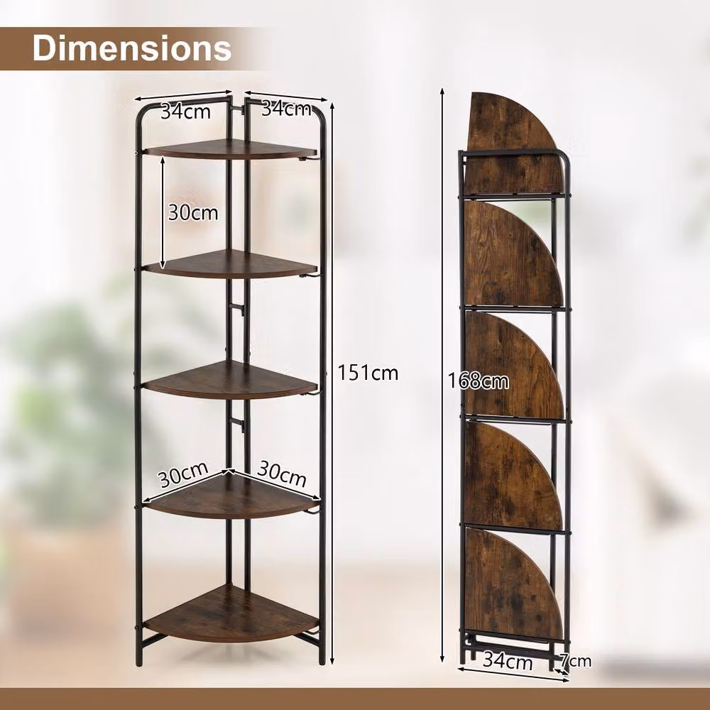 Gymax 5 Tier Brown Metal Open Corner Display Shelf and Folding Rack – 6