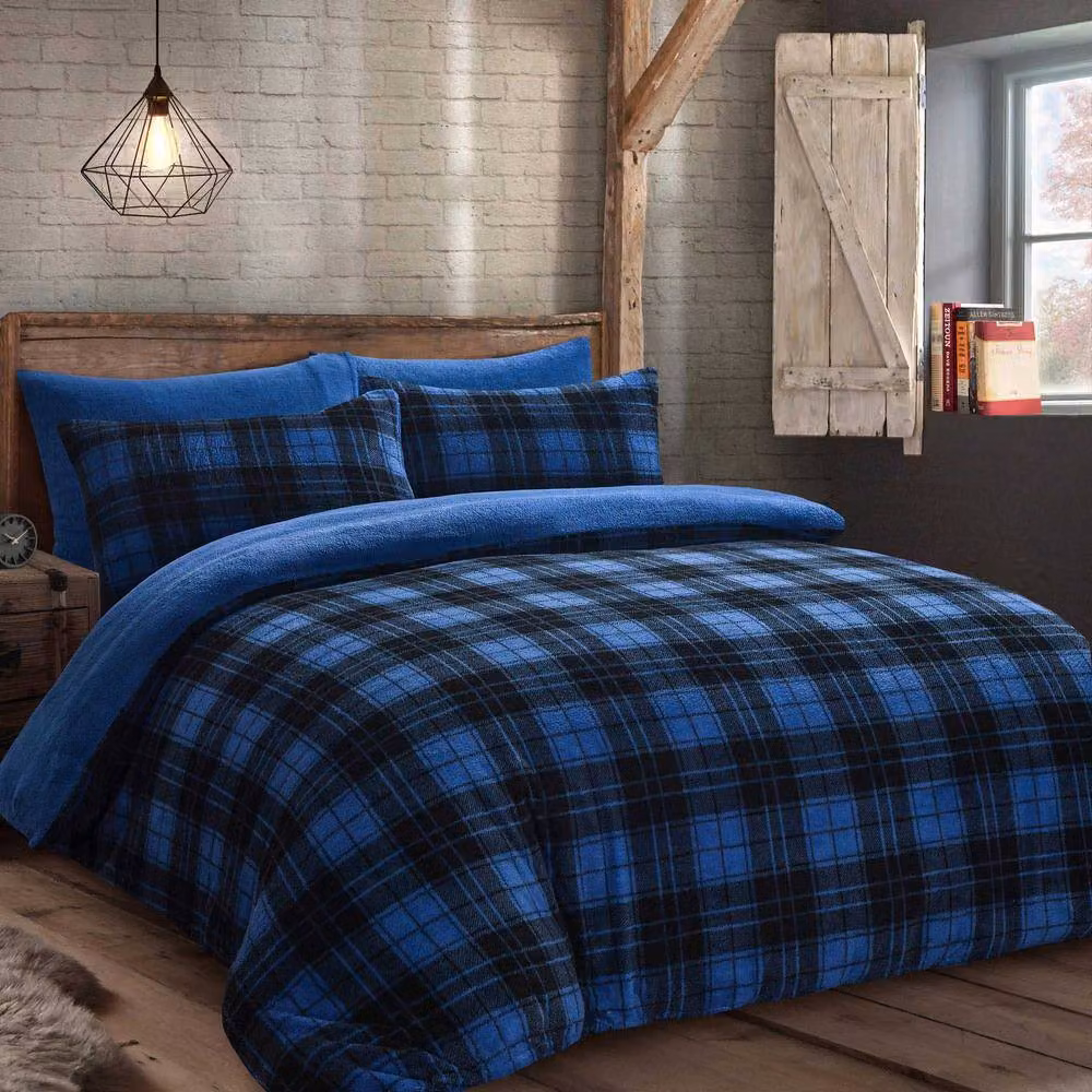 Velosso Check Teddy Duvet Cover and Pillowcase Set in Blue, Double Size (Duvet Cover: 200 x 220 cm, Pillowcase: 140 x 200 cm) – 2