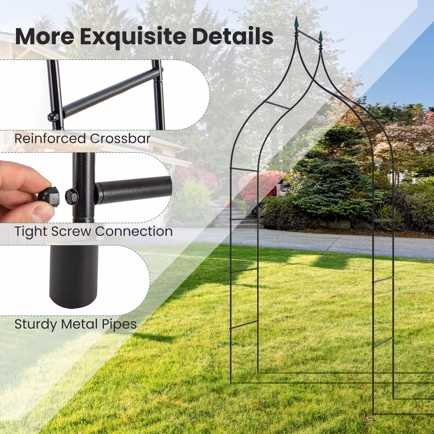 Gymax Gothic Style Metal Garden Arbor Trellis Pergola with Side Crossbars, Black, H: 287 cm x W: 125 cm x D: 38 cm – 3