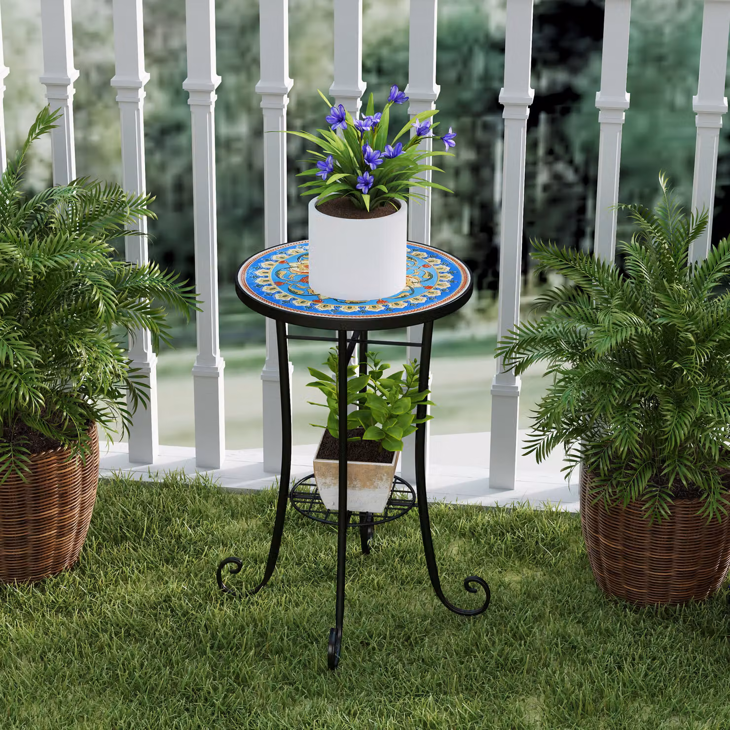 Outsunny Blue Mosaic Garden Side Table with Ceramic Tile Top, Diameter: 35.5 cm – 8