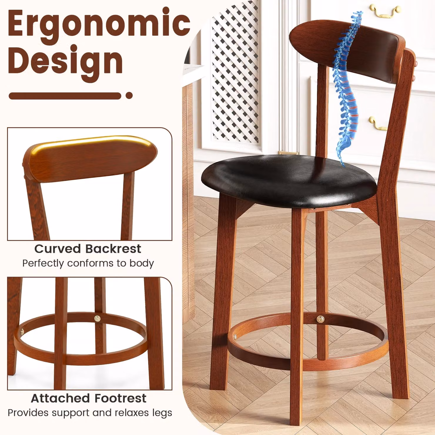 Gymax Set of 2 Modern Bar Stools with Curved Backrest in Brown Walnut Finish, Seat Height: 60 cm – 6