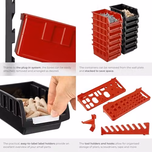 tectake 44 Piece Wall-Mounted Tool Storage Organiser with 28 Parts Boxes in Black and Red – 4