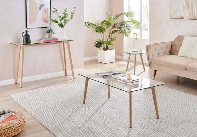 FurnitureboxUK Malmo Scandinavian Rectangular Coffee Table with Transparent Glass Top and Brown Beech Wood Legs
