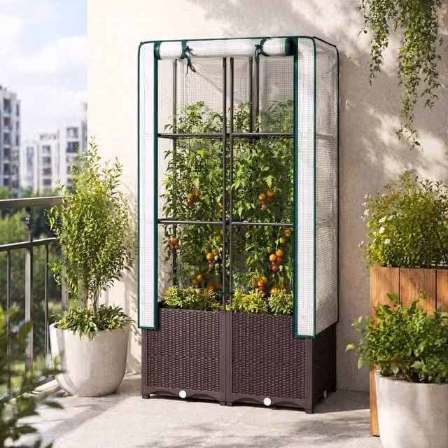 STILVORA Raised Garden Bed with Trellis and PE Cover in Brown, W/D/H: 140 x 80 x 40 cm – 1
