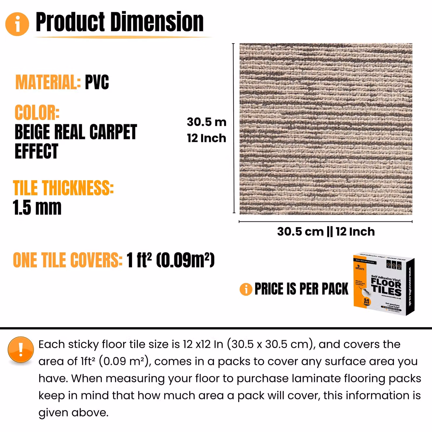 Novecrafto Self-Adhesive Vinyl Floor Tiles, Carpet Effect, Beige, 30 Pack, W/D/H: 30 x 30 x 0.3 cm – 2
