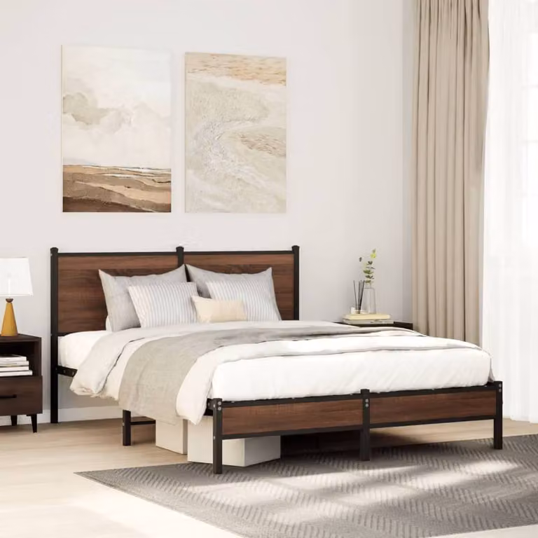 Berkfield Home Industrial Metal and Wood Bed Frame in Brown Oak, W: 137 cm, D: 190 cm, H: 142 cm