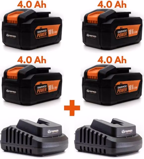 Daewoo U-FORCE 18V 4.0Ah Battery and 2 x Chargers Set, Black and Orange