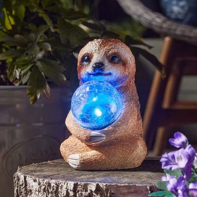 Garden Mile Solar Sloth Garden Ornament in Brown, White and Cream