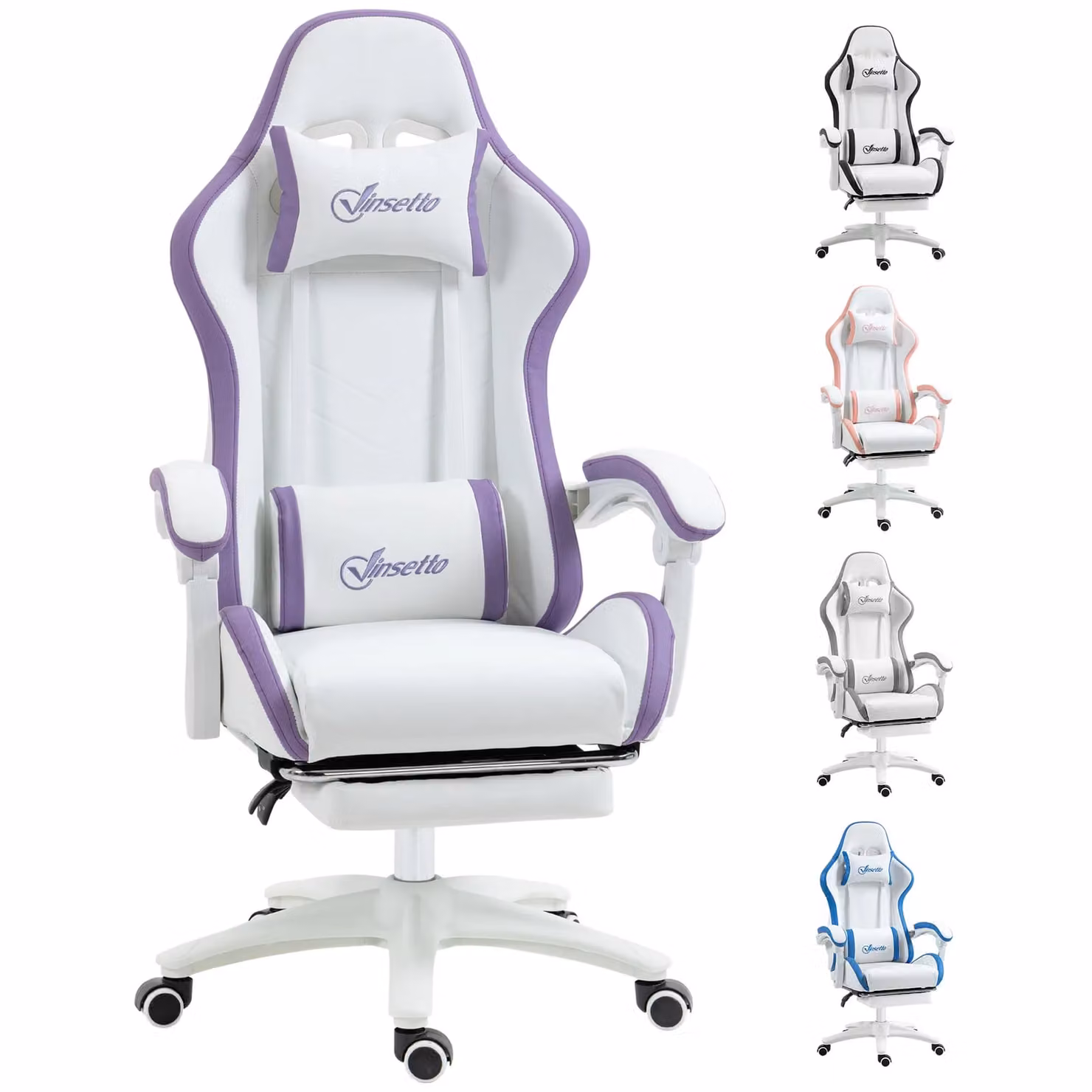 Vinsetto Racing Style Gaming Chair with Reclining Function and Footrest in White and Purple PU Leather – 2