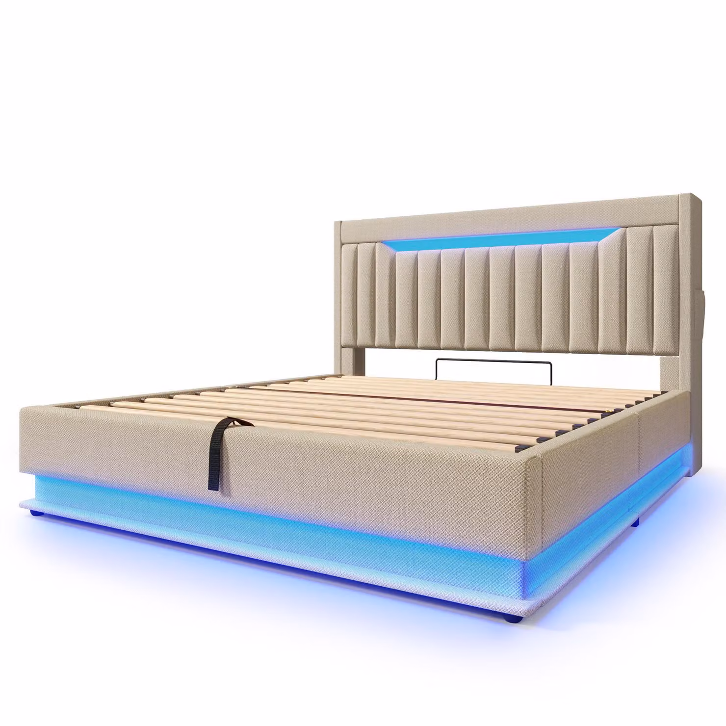 Aosom UK Beige Upholstered Double Storage Bed with USB-C Charging and Lift-Up Base, W/D/H: 136 x 208 x 111 cm – 2