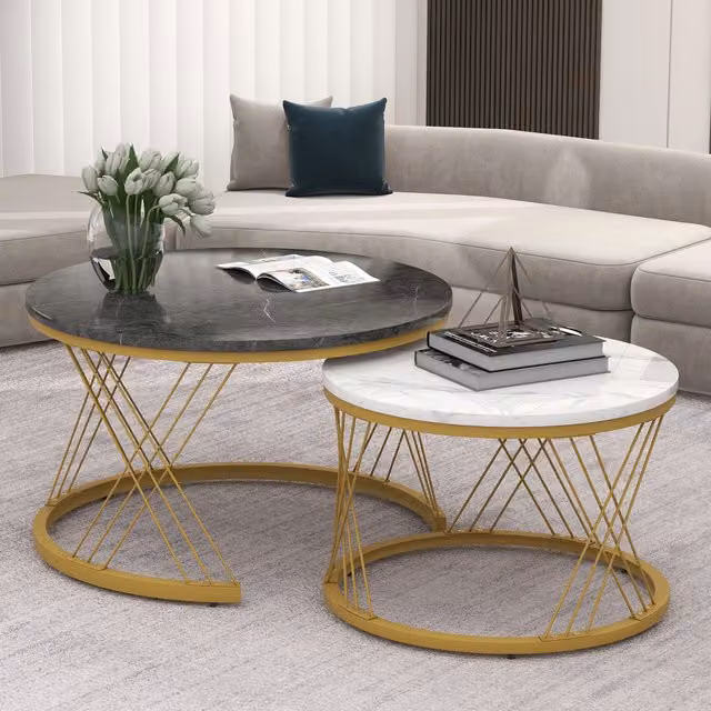 Aosom.UK Set of 2 Modern Round Nesting Marble Coffee Tables with Metal Frame, Grey and Gold, W/D/H: 70 x 70 x 45 cm – 1