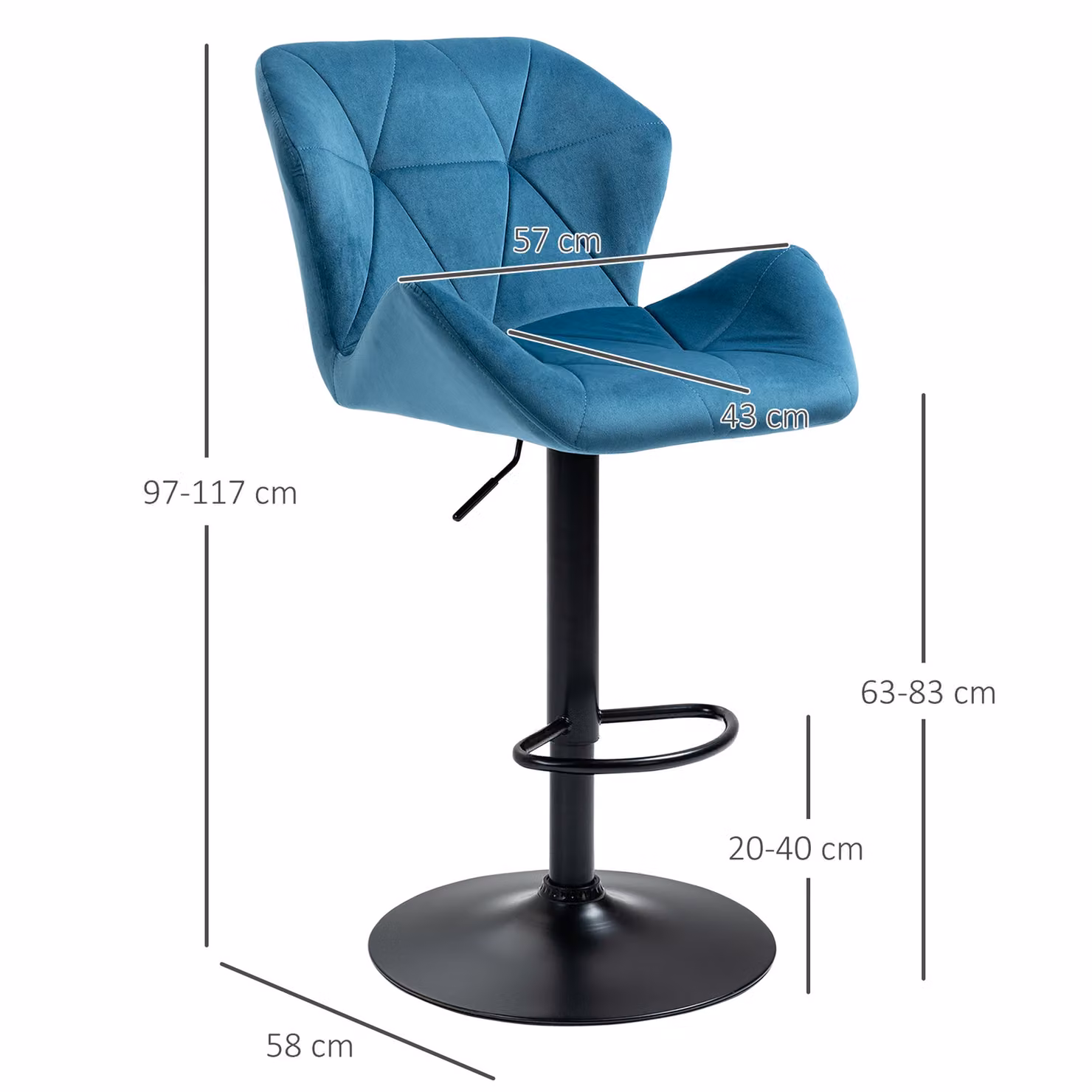 HOMCOM Set of 2 Blue Velvet Bar Stools with Adjustable Height and Metal Frame – 3