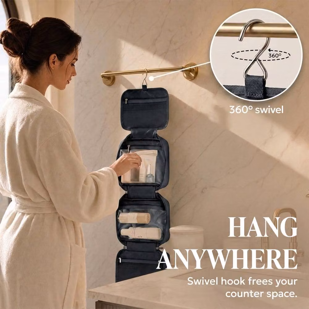 Lugg Waterproof Travel Toiletry and Makeup Bag with Hanging Hook, Black, W: 19 cm, D: 8 cm, H: 25 cm – 4