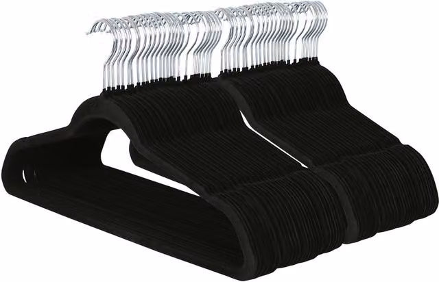 Harbour Housewares Non-Slip Velvet Hangers with Bar and Notches, Black, Pack of 50