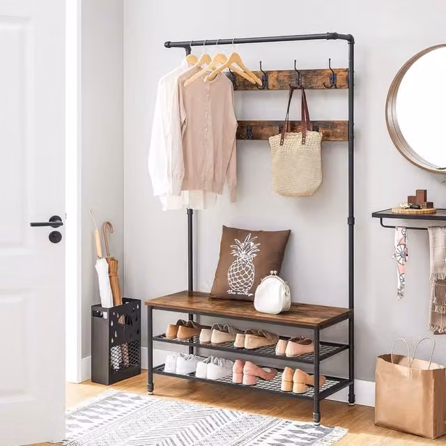VASAGLE Industrial Hall Tree with Bench, Hooks and Hanging Rail in Brown and White