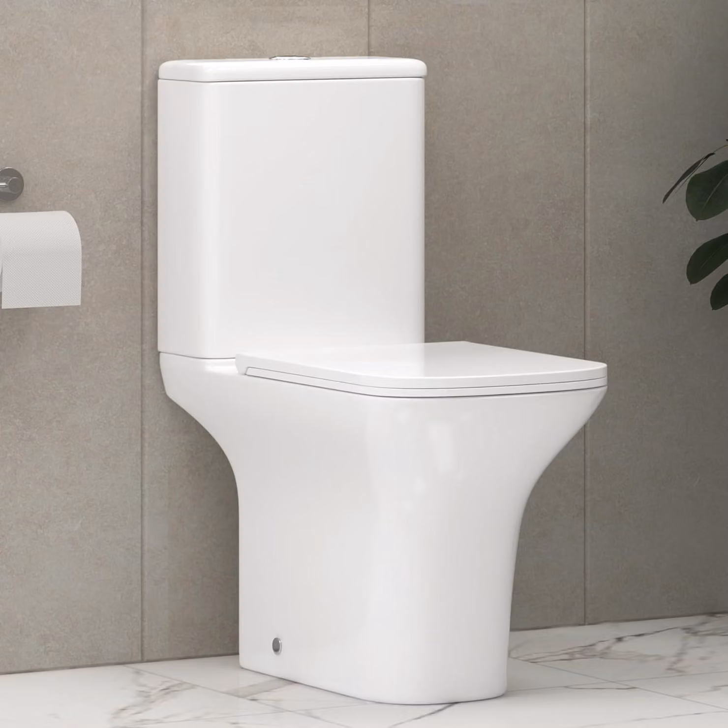 Royal Bathrooms Cube White Ceramic Close Coupled Rimless Washdown Toilet with Slim Soft Close Seat