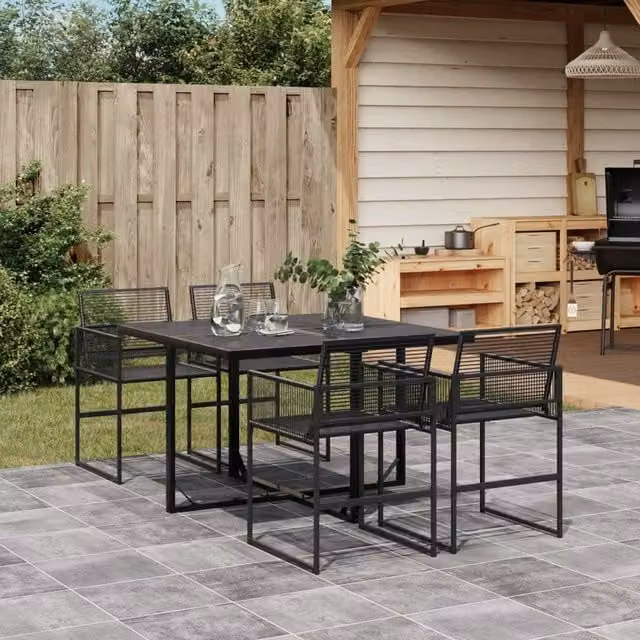 Berkfield Home 5 Piece Black Poly Rattan Garden Dining Set with Glass Top Rectangular Table