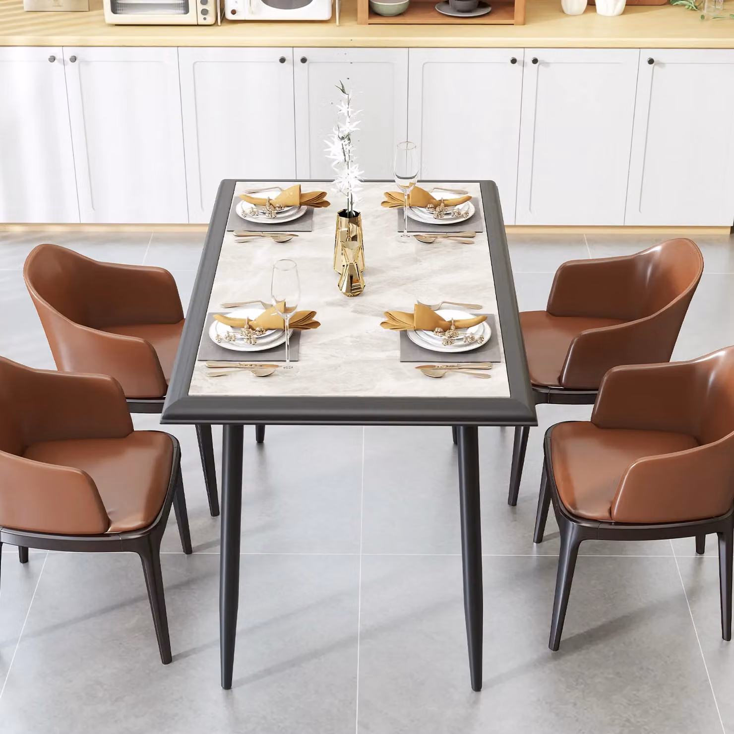 Gymax Modern Rectangular Sintered Stone Dining Table in Grey and Black, W: 110 cm, D: 70 cm, H: 75 cm – 7